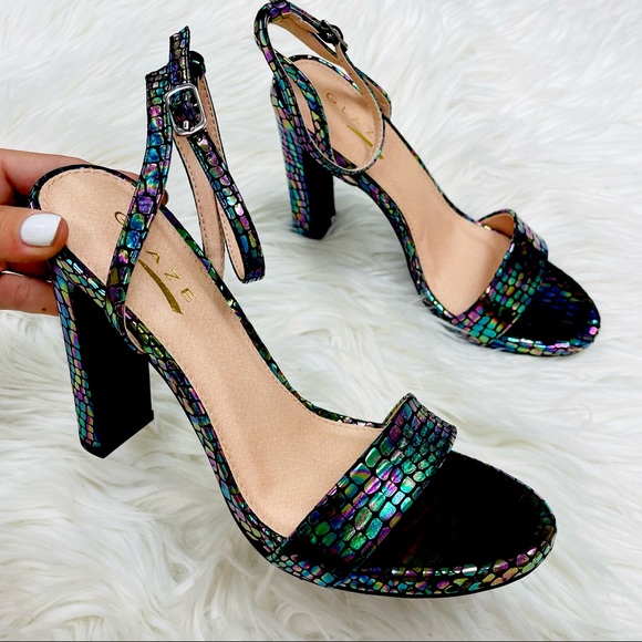 Shoes - Black iridescent snake heel